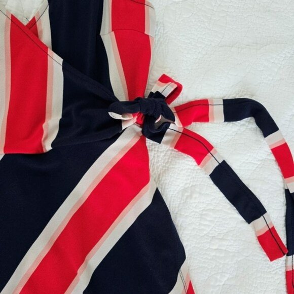 Express Women's Faux Mini Wrap Dress Size Small Navy Blue Red White Sleeveless - Picture 5 of 14